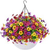 Der Rose artificial hanging flowers in an outdoor basket enhancing curb appeal