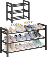 Detsuk 3-Tier Expandable Shoe Rack wide view showing adjustable width for tight entryways.