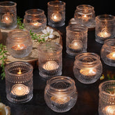 DEVI 30pcs clear votive holders set enhances wedding ambiance with versatile glass decor.