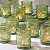 DEVI green votive holder for wedding-table decor with vintage charm.