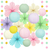 Dimhut pastel lanterns brighten a classroom ceiling for a soft spring look.