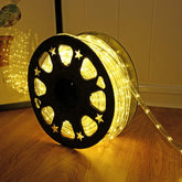 DINGFU 50ft rope light on deck with warm white glow for cozy outdoor evenings.