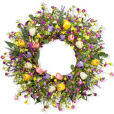 DIYFLORU 22-inch spring wreath on front door showing vibrant tulips for curb appeal