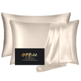 DKBslik silk pillowcase 2-pack beige on bed, smooth for skin and hair.