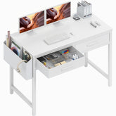 DLisiting white desk with storage drawers front view showing compact space-saving design