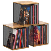 Dmevkic 3 Cube vinyl record storage unit shows a mesh front with wood frame for organized display.