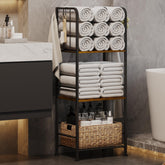 Dmticoasis towel rack with top shelf and M-shaped dividers for organized towels