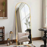 DMWOODFL arched full-length gold mirror highlights full-body outfits