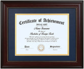 DOAI ART diploma frame mahogany front view with blue over gold mat, premium presentation.