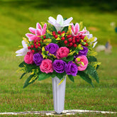 Dolicer two-set artificial cemetery flowers with rose and lily bouquets for graves, lasting color.