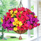 Dolicer realistic hanging flowers outdoors in a basket, full-view for lush curb appeal.