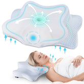 DONAMA cervical pillow side view with dual-height design for neck and shoulder support.