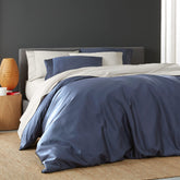 DOZ duvet cover sapphire close-up shows sateen weave for buttery softness.