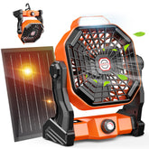 Drchop solar camping fan with external panel charging in bright sun for campsite cooling.