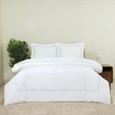 Dreamology white duvet cover in sky blue queen close-up showing soft cotton texture