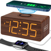 DreamSky wooden clock with wireless charging at bedside for clutter-free power.