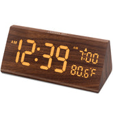 DreamSky wooden digital alarm clock front view with large bold numbers for easy reading at night.