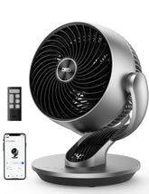 DREO smart fan front view highlighting compact footprint for whole-room cooling