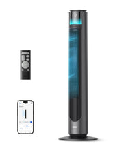 DREO smart tower fan delivering rapid 33ft/s airflow for quick cooling.