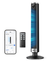 DREO smart tower fan at adjustable 40-45 inch height for versatile bedroom cooling.