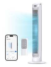 DREO Smart Tower Fan front view showing quiet airflow across the room.