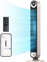 DREO 42-inch tower fan cooling a sunny bedroom with full oscillation