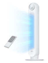 DREO tower fan front view showing a sleek bladeless design for efficient room cooling