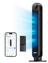 DREO tower fan with remote control for convenient cooling from anywhere in the room.