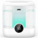 DREO humidifier in bedroom with a 6L tank delivering extended moisture for large spaces