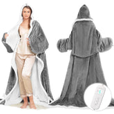 Dueelala wearable heated blanket with hood provides cozy warmth for TV nights.
