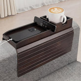 Dumbpec Bamboo Couch Arm Tray Table side view for stable drinks and easy access.