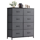 DUMOS 8-drawer dresser with grey fabric and wooden top for stylish bedroom storage