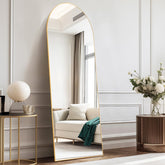 DUMOS arched full-length mirror with gold frame on a stand for versatile room setup