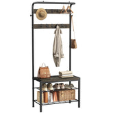 DUMOS hall tree with shoe bench and coat rack shows a sturdy steel frame with ample storage.
