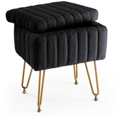 DUMOS vanity stool with hidden storage keeps cosmetics organized.