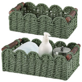 DUOER storage basket on the toilet tank top in green for bathroom organization.
