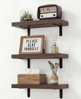 Duvique Easy Install floating shelves in vintage brown corner setup for compact living room storage.