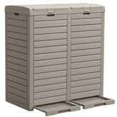 DWVO 76-gallon outdoor trash bin with dual lid enables easy waste disposal.