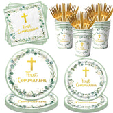Dydamud green 9in plates for first communion, creating a coordinated ceremony table.