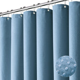 Dynamene Moonlight Blue waffle curtain texture adds privacy and style.