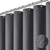 Dynamene Charcoal Grey shower curtain with waffle weave close-up showing premium texture and durability.