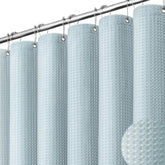 Dynamene Fog Blue curtain close-up texture shows premium waffle weave and sturdy craftsmanship.