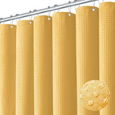 Dynamene Gold waffle curtain texture showing luxurious fabric and durability for bathrooms