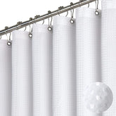 Dynamene long white waffle curtain front view for hotel-style bathroom privacy