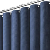 Dynamene stall shower curtain navy waffle closeup shows premium heavyweight fabric and durability.