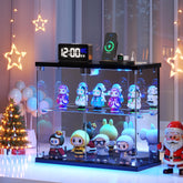 Dystler lighted clear glass display case with 2-tier layout for models and figures.