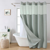 eachope no-hooks linen shower curtain in sage green offers effortless hanging and chic style.