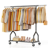 EAGMAK heavy-duty clothes rack with rolling wheels for easy relocation and setup.