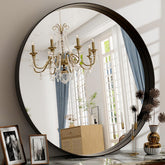Easly 24-inch round mirror with black metal frame, front view ideal for bathroom clarity