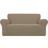 Easy-Going Stretch Loveseat Slipcover in natural jacquard adds soft texture and protection.